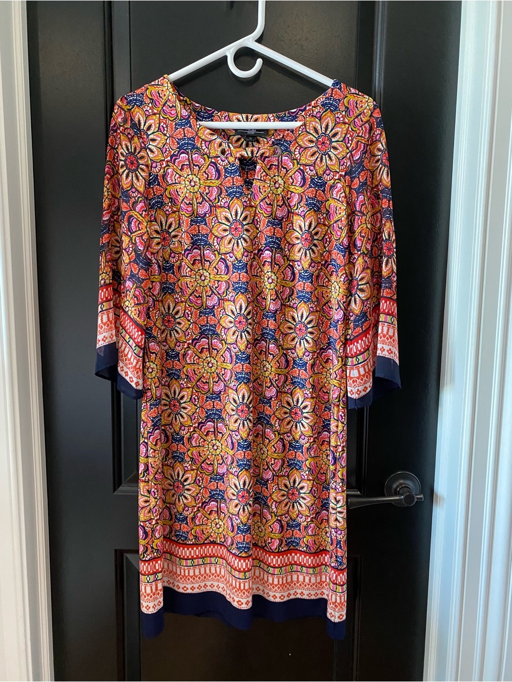 Vibrant Boho Orange, Navy, & Yellow Print Mini Dress